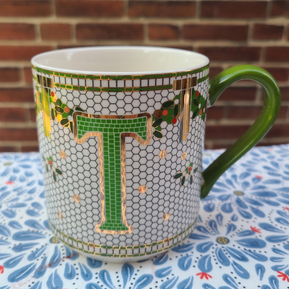 Anthropologie Festive Subway Tile Mug Initial T